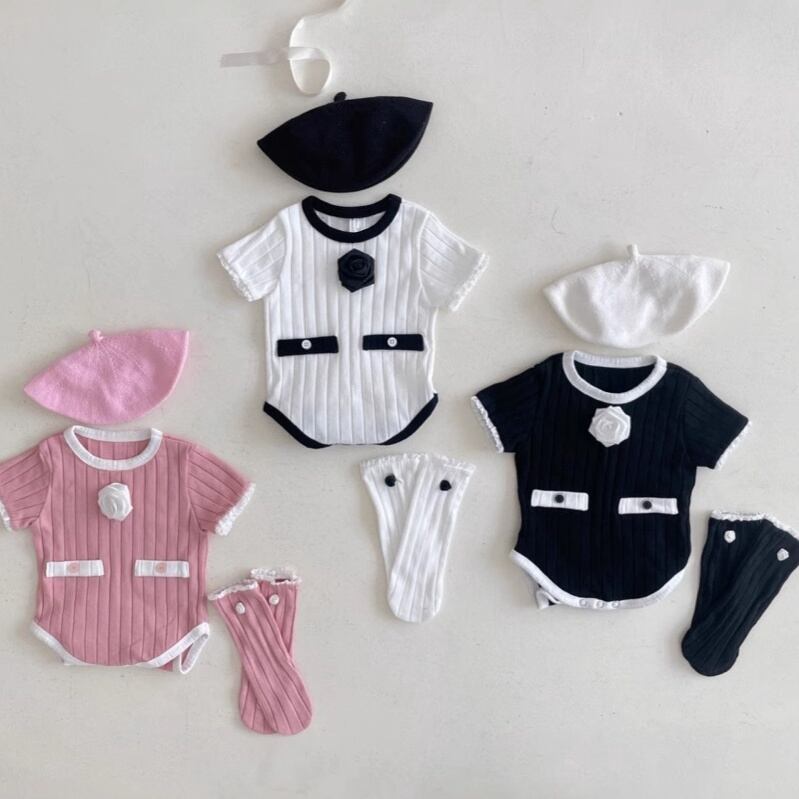 【BABY】韓国風 ローズ半袖ロンパース