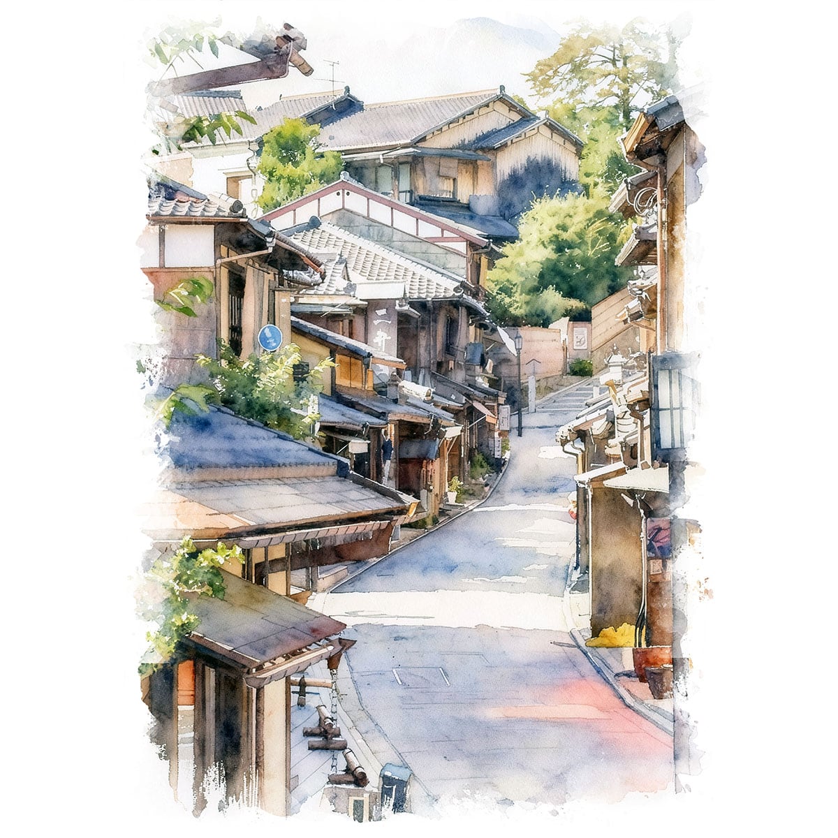 絵画 風景画 日本 京都府 東山区 二寧坂 インテリアアート額付き 水彩画風 WAT1686