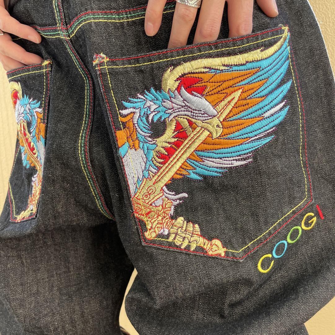 W38 COOGI クージー 極太ワイドバギーボトム 刺繍 ブラック黒 デニム-