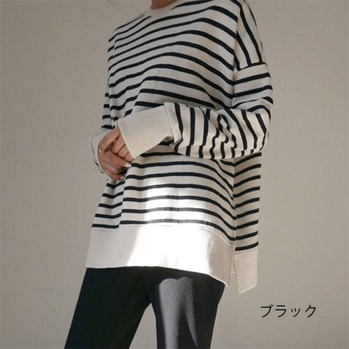 ボーダーカットソー トップス レディース プルオーバー カジュアル シンプル ストライプ サイドスリット コットン ロングTシャツ レディース 抜け感 ボックスシルエット 長袖 ワンサイズ
