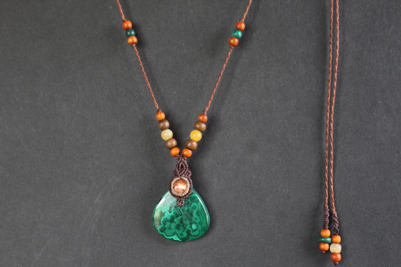 Malachite  & Sunstone micro macrame woody pendant
