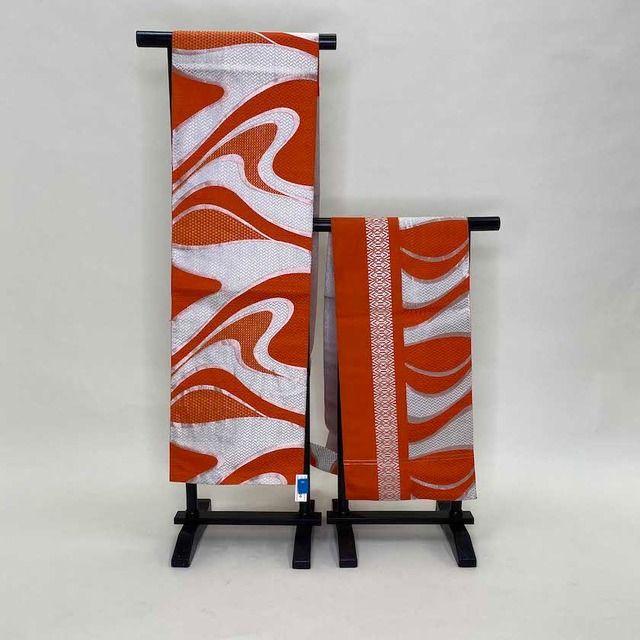 名古屋帯 なごや帯 中古　リサイクル リユース 八寸 普段着 お洒落着 紬 小紋 正絹 博多 オレンジ 全体柄 ハンドメイド 1198