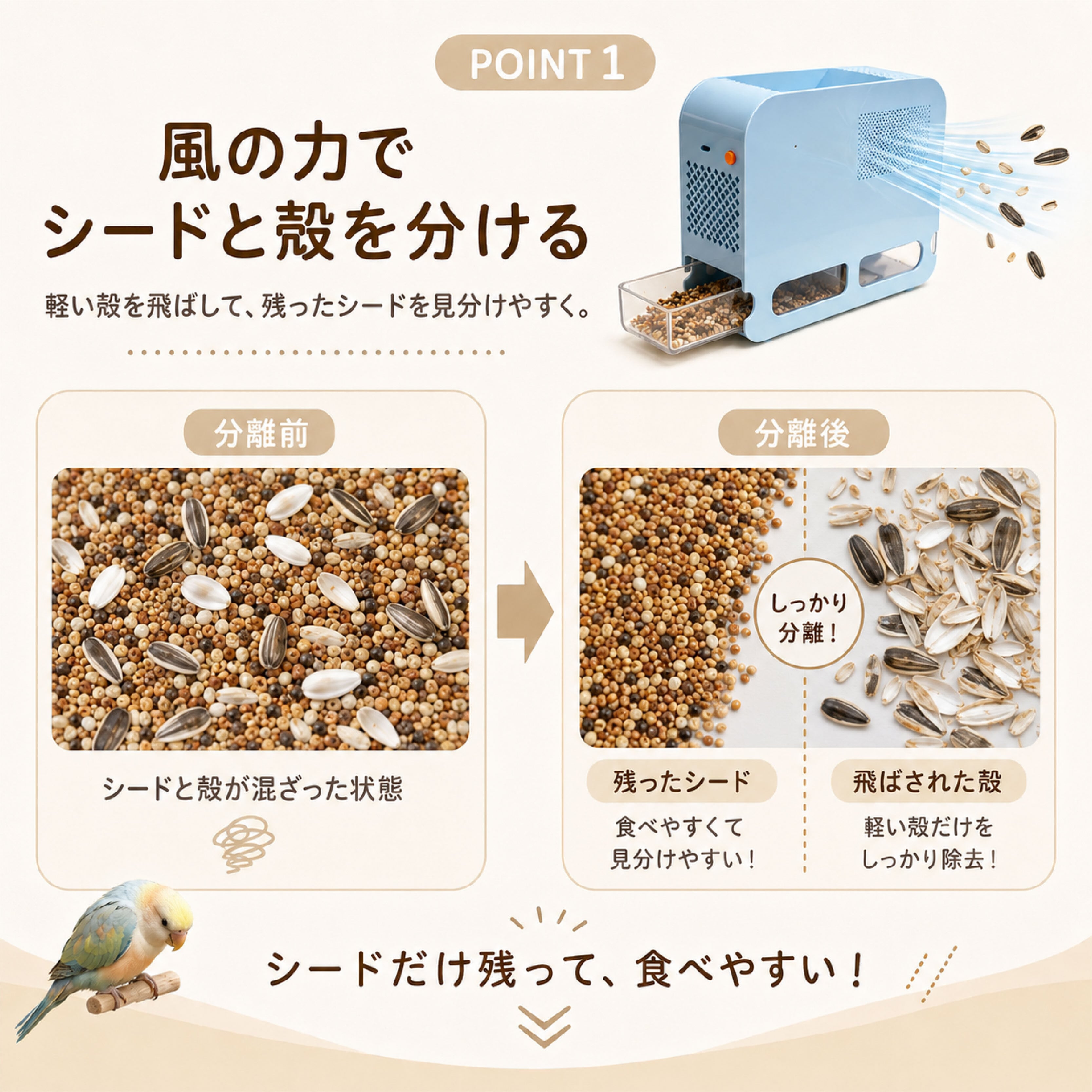 SQ 752 . 小鳥の毎日の餌管理をもっと簡単に シードと殻を分離して食べ