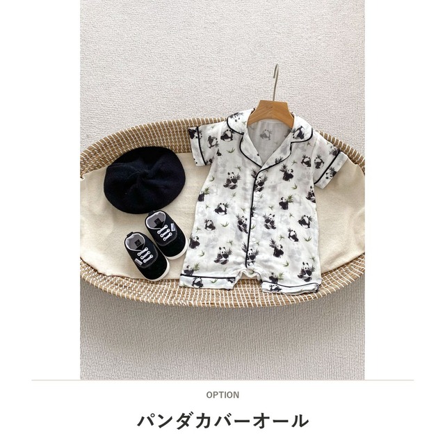 【BABY】くまパンダドット柄半袖前開きロンパース - 4