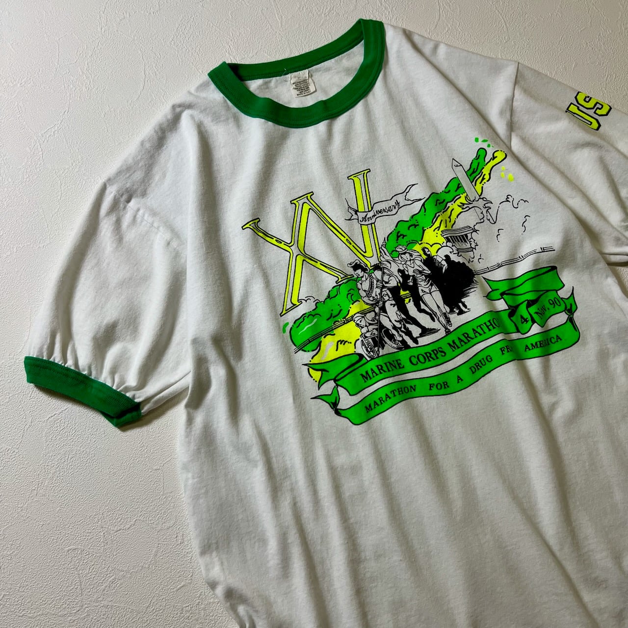Levi's 80s リンガーT 染み込みプリント　最終値下げ‼️ 80s〜90s USA USMC リンガー Tシャツ ホワイト グリーン 古着 | RUFFY