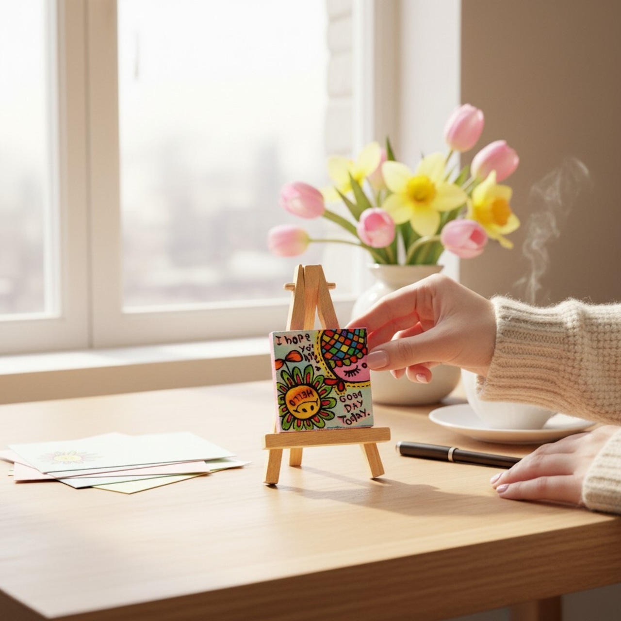 【pipi手書きミニキャンバス ミニイーゼル付き 今日も1日いい日でありますように♡】