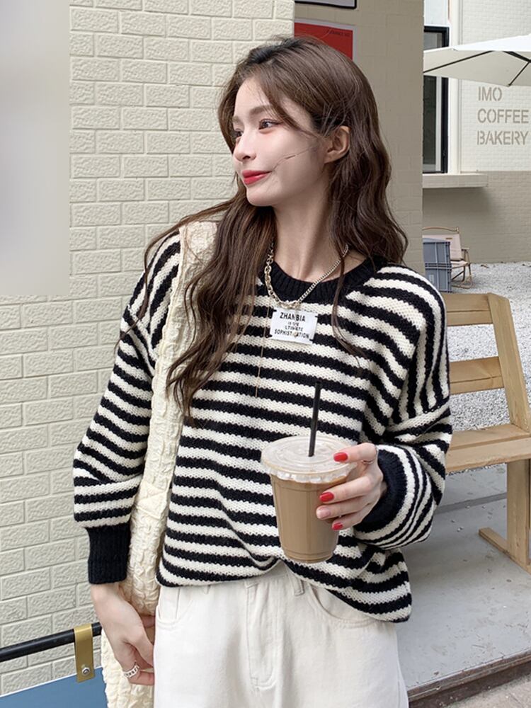スタンダードストライプセーター レディースウィンタールーズスタイル レトロ 冬物 スーパーモール63027953441