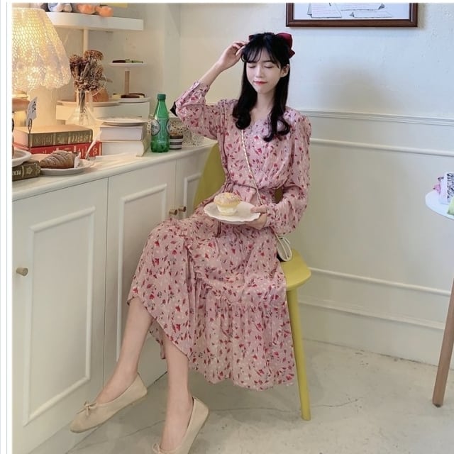 4298コムロシズカ 花柄シフォンワンピース ネイビー＆ピンク