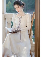 【0167】Lace-up Ribbon Tulle Long Sleeve Dress