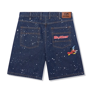 BUTTER GOODS × DISNEY FANTASIA BAGGY DENIM SHORTS DARK INDIGO BLEACH SPLATTER サイズ32INCH