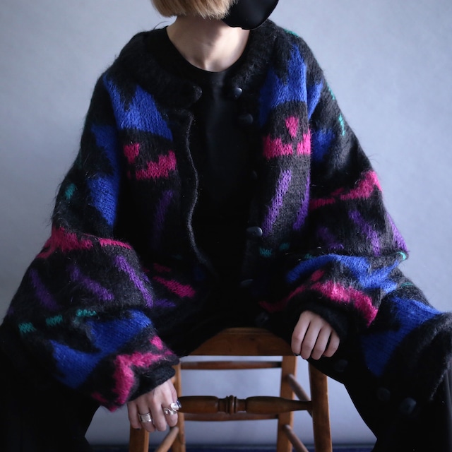 "mohair" psychedelic geometry pattern over size knit jacket coat