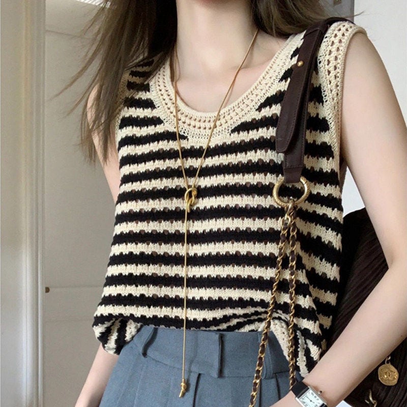 Striped Mesh Knit Sleeveless TO0978