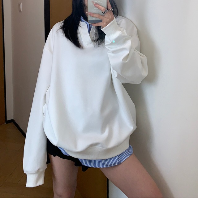 shirt layered style key neck long tee　シャツレイヤード風キーネックロングティー　J0809