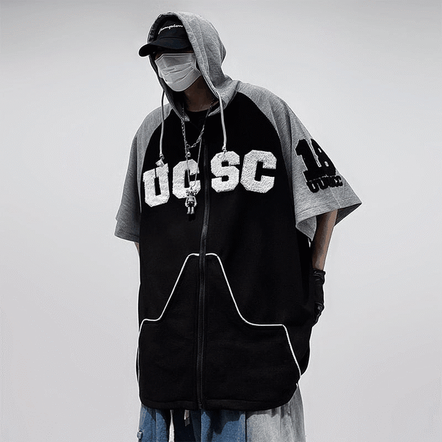 UUCSCCワッフル生地フード付き半袖ジップトップス