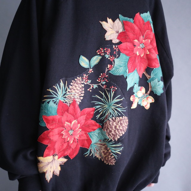 "黒×花" flower cloth patchwork design over silhouette sweat
