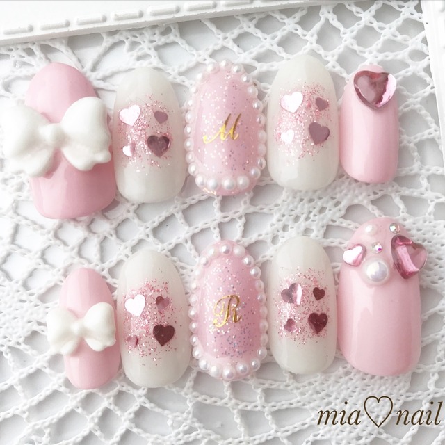 ゆめかわいい ピンクラメのリボンハートネイル Mianail ネイルチップ