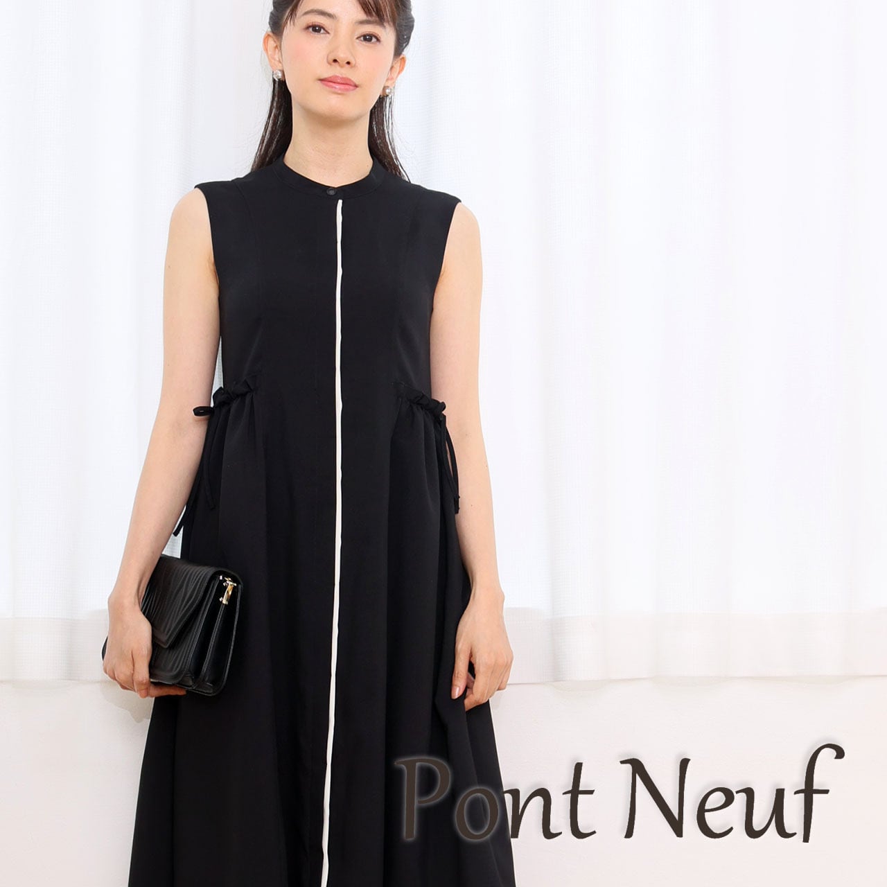 手洗い可】【ドライタッチ】スタンドカラーウエストギャザーワンピース  