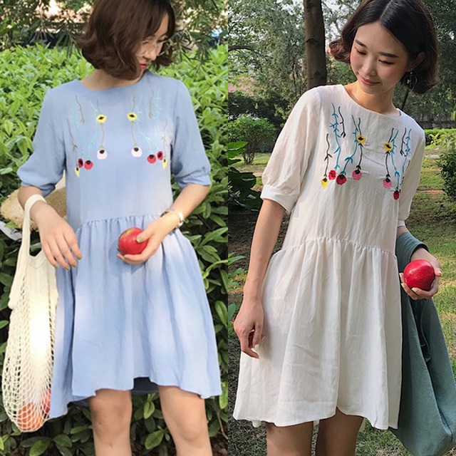 花刺繍ナチュラルミニワンピース