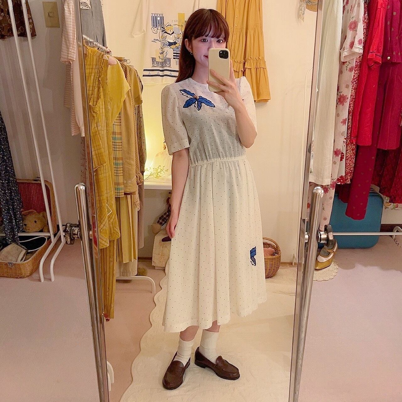 white dot blue leaf one-piece