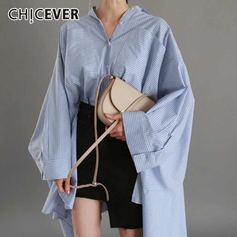 CHICEVERストライプの女性のトップスとブラウスラペルバットウィングスリーブルーズアシンメトリー裾フリルレディースシャツ ラッフル 6base546577434873