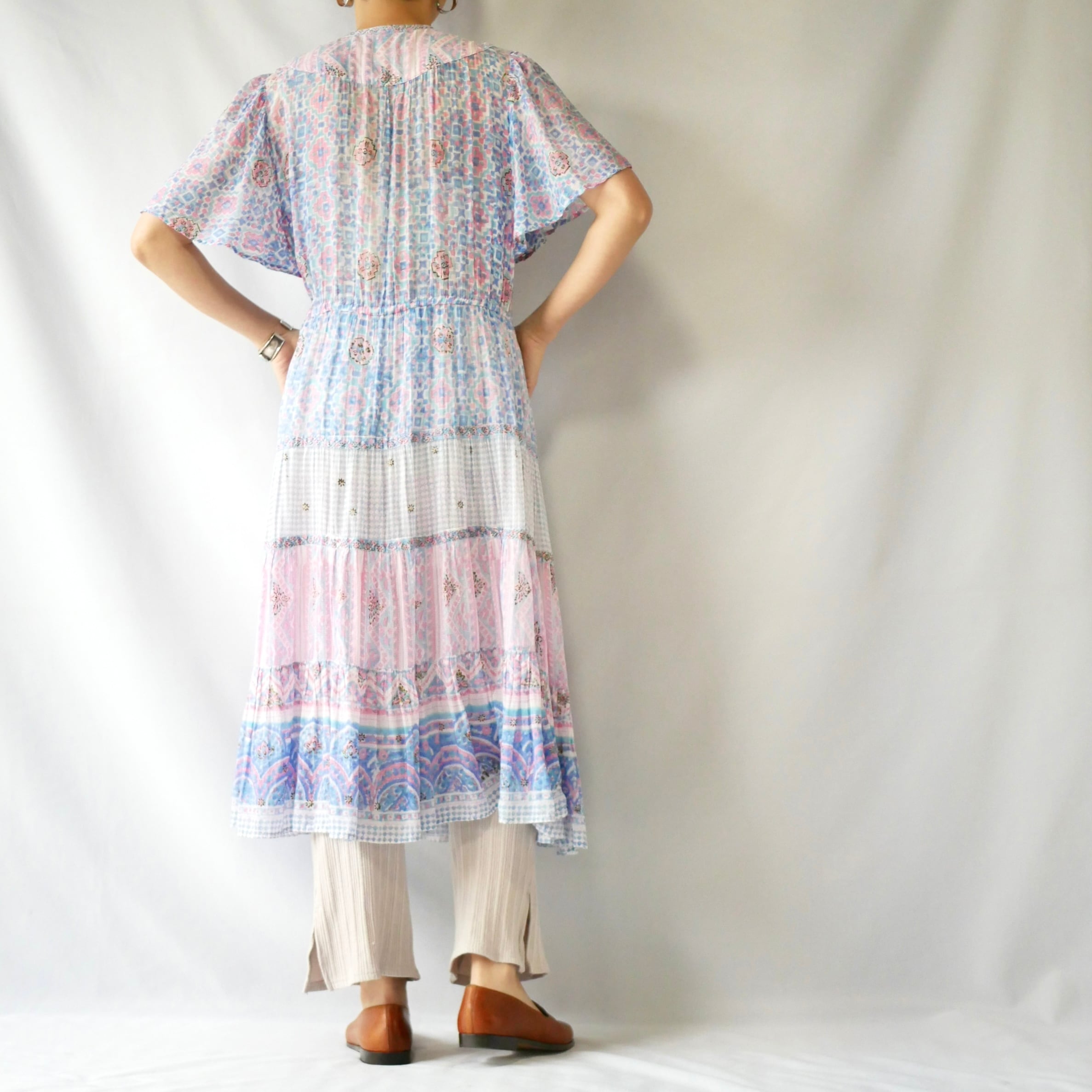 70s indian cotton pink blue onepiece ヴィンテージピンクブルー