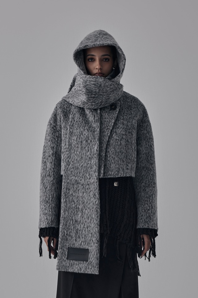 1/3発送 [TREEMINGBIRD] Hairy Hoddie Muffler Set-up Crop Coat [ Gray ] 正規品 韓国 ブランド 韓国通販 韓国代行 韓国ファッション 日本 店舗 トリミングバード