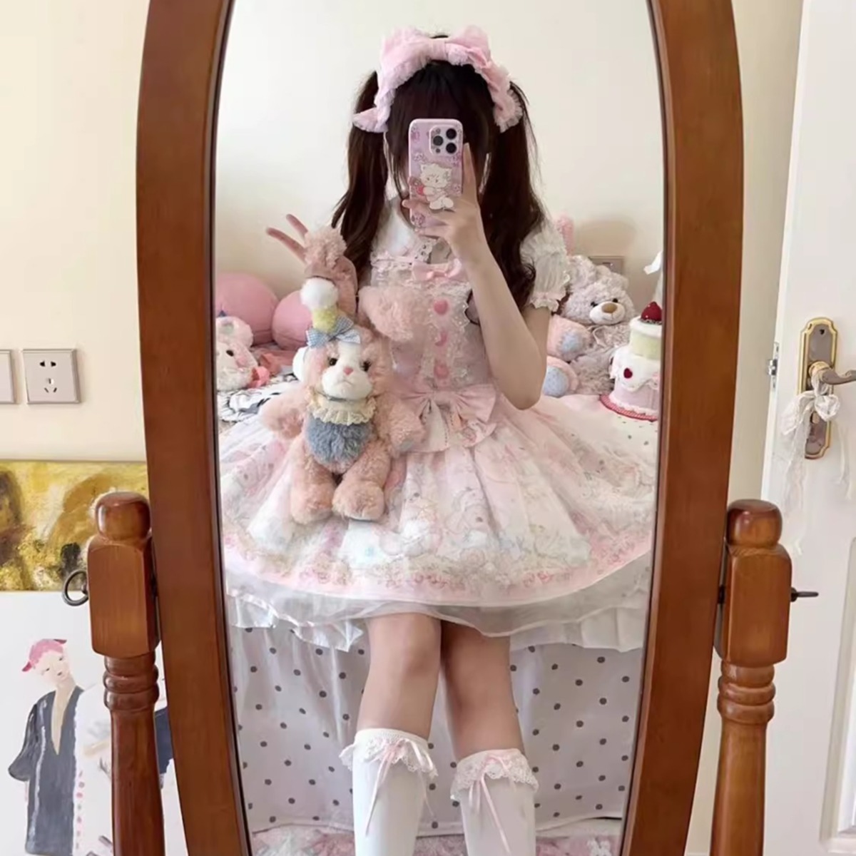 甘ロリ ピンク ジャンパースカート ブラウス セット 夢かわいい セットアップ ブラウス ジャンパースカート 生成色 ピンク