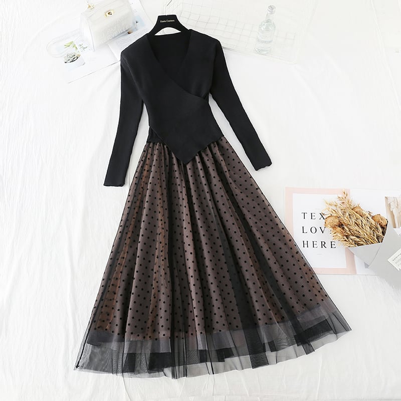 切り替えワンピース レディース ドット柄 ワンピース 長袖 ワンピース ロング ワンピース 切り替え ロングワンピース 長袖 ドット柄ワンピース ニットワンピース ロング ミモレ丈 ロング丈 Vネック カシュクールワンピース 春新作 春 春服 新作 グレー P8166 Kirari きらり