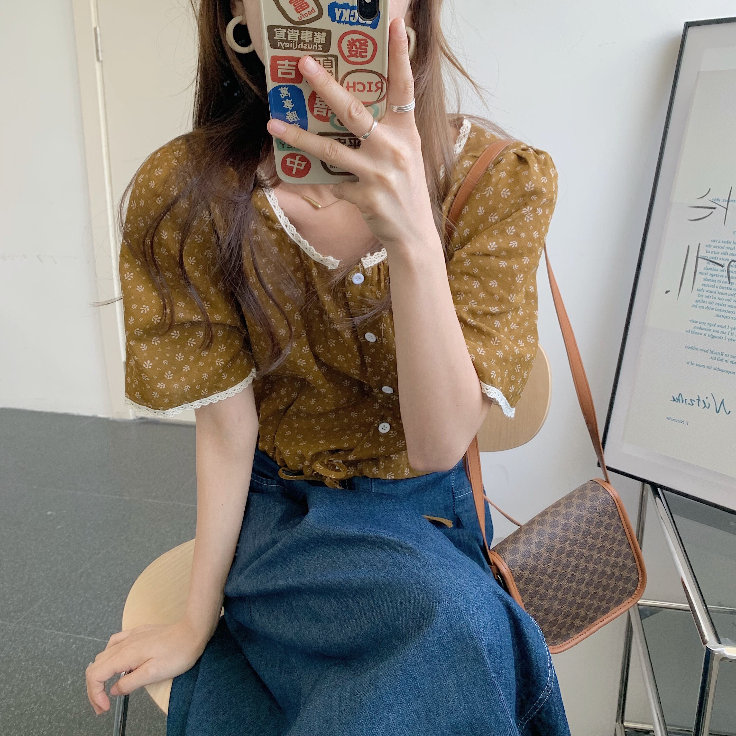 レースラウンドネックフローラルシャツ サマースタイルルーズギャザーシングルブレスト半袖スリーブトップス ショート ハーフスリーブ 夏物 花柄 Oネック ビッグFスモールZ韓国95768907219