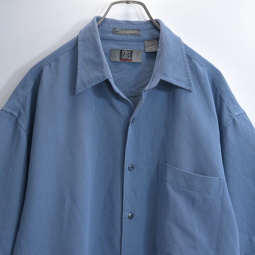 90~00s TSR collection ティーエスアールイーコレクション リラックスフィット とろみ素材 半袖シャツ レーヨンポリ プレーン くすみブルー ヴィンテージ ビンテージ USA アメリカ古着 メンズXL~相当