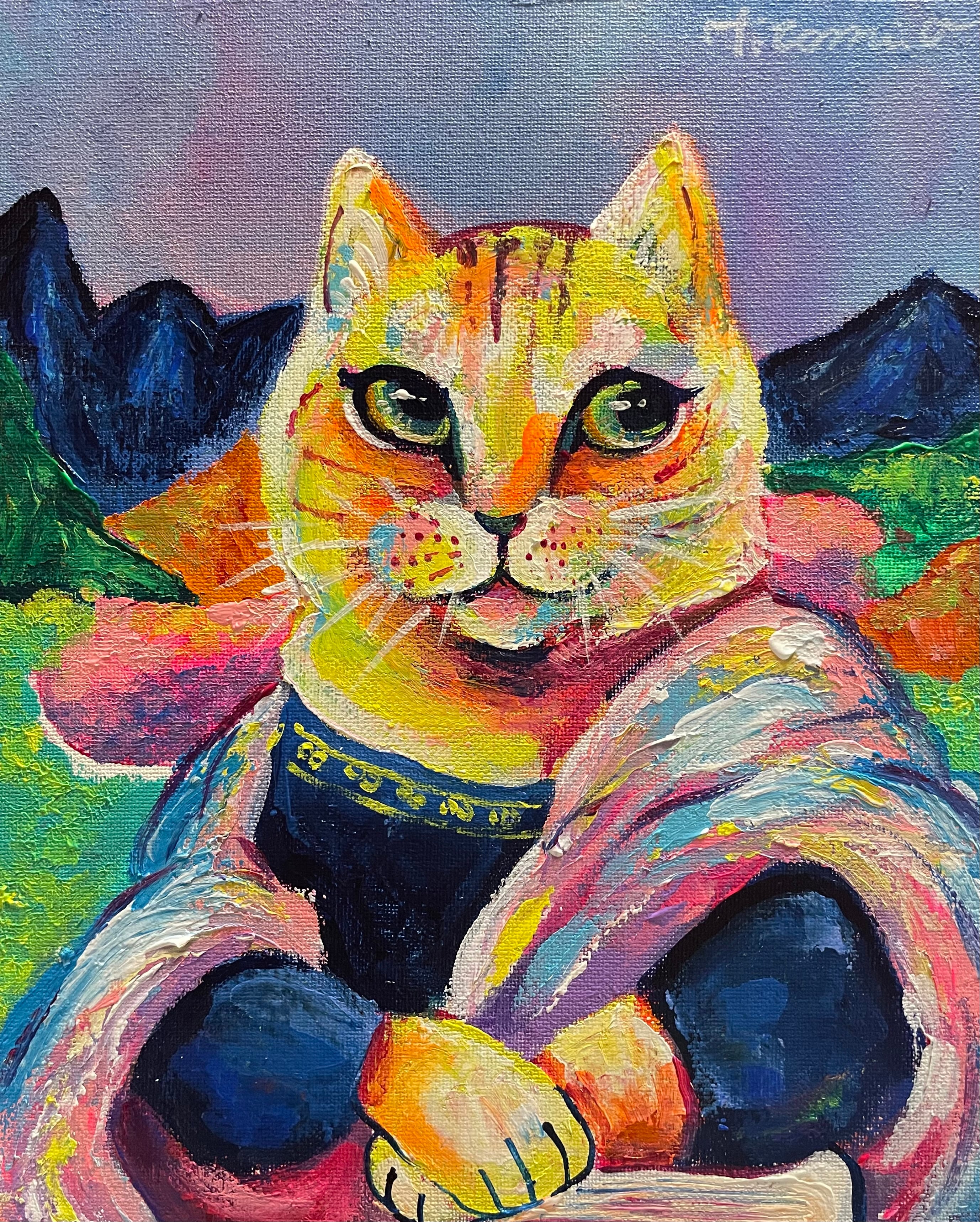 A-126/26】原画 絵画 モナリザ風猫 カラフル 27.3×22cmキャンバス 真作