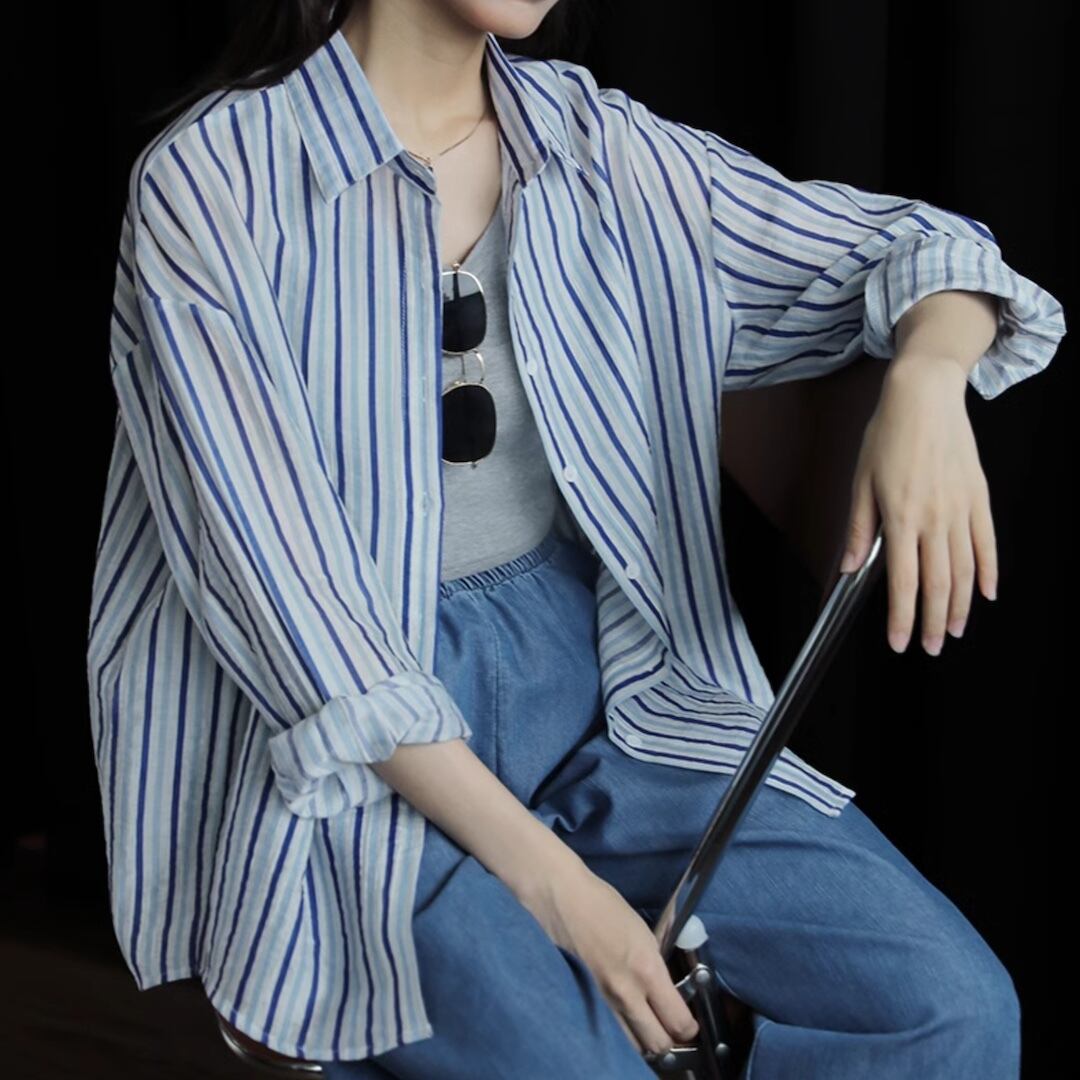 柄シャツ 長袖(夏用) レトロ ストライプ リネン生地 ブルー系 [A2054 