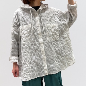 ＋2 cotton polyurethane shirred check hooded blouse