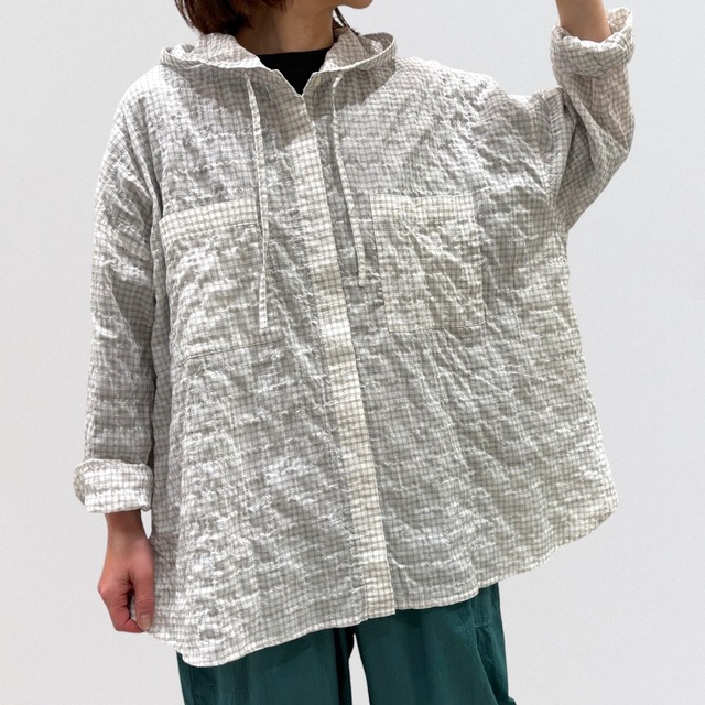 ＋2 cotton polyurethane shirred check hooded blouse