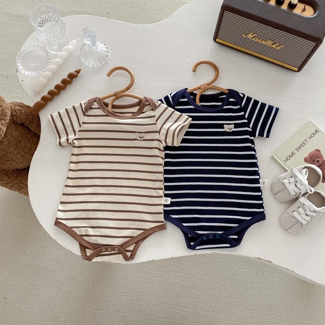 【BABY】くまモチーフストライプ半袖ロンパース - 9