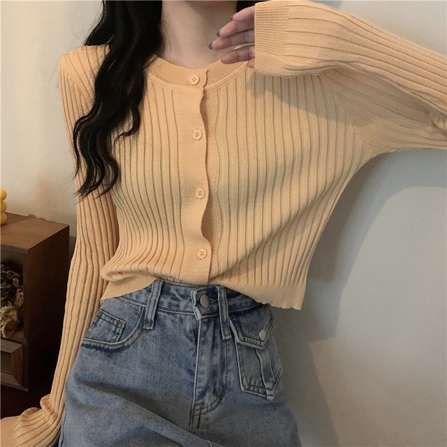 薄手ニットカーディガンオータムスタイルスリムソリッド カラーショートトップス ロング 秋物 ソリッドカラー クレセントシティ20757642339