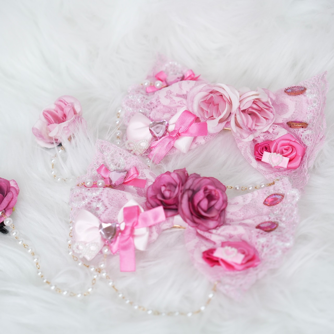 ♡【全２色】姫GAL ピンクローズ＆パールハート オーガンジーリボンダブルヘアクリップ pink ♡
