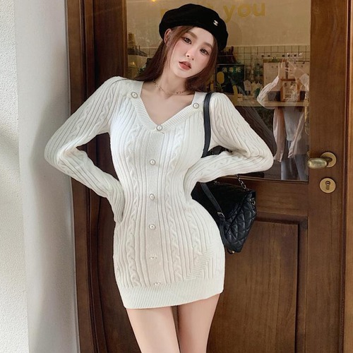 ニットドレス オータムスタイルウェストスカート Vネックショート 秋物 ガールズファッション27040443108