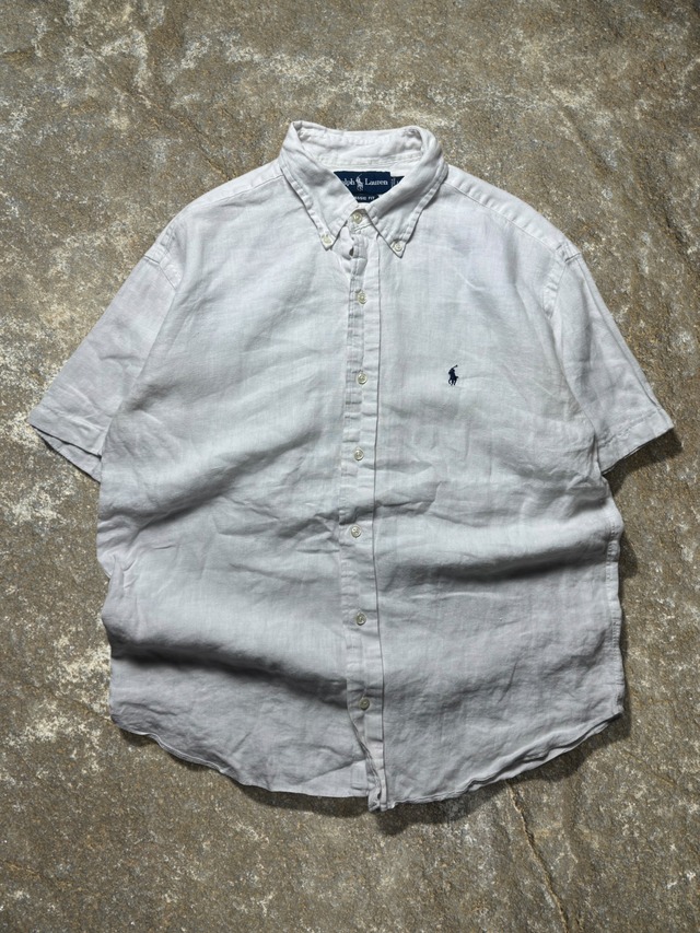 ［LINEN100%］Polo Ralph Lauren Linen White Short Sleeve Button Down Shirt
