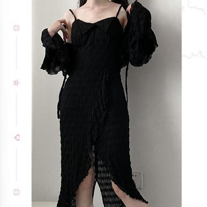 サブカル 服 地雷系 通販 Pinksavior JSK ジャンパースカート スリット入り アシンメトリー ロング丈 闇かわいい