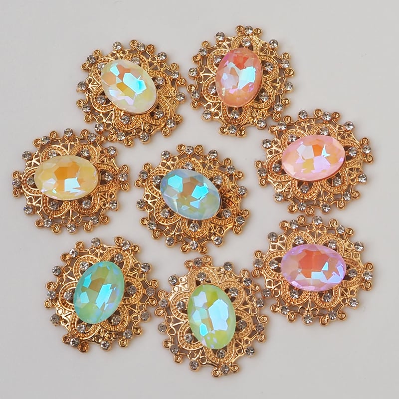 1個 90円】キラキラ ガラス製 オーバル センターパーツ ゴールド台座