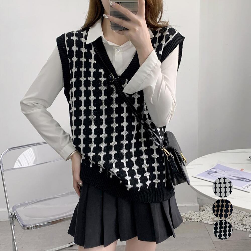 Vネック ジャガード ニット ベスト レディース 秋冬 かわいい 大人 きれいめ 学生 おしゃれ 防寒 レイヤード プルオーバー 大人可愛い 大人女子 Ritz Chic レディースファッション通販