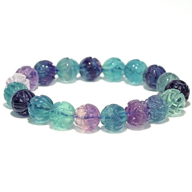 〔K2027〕約10mm フローライト 蓮彫り ブレスレット  蛍石 Fluorite【ランダム発送】