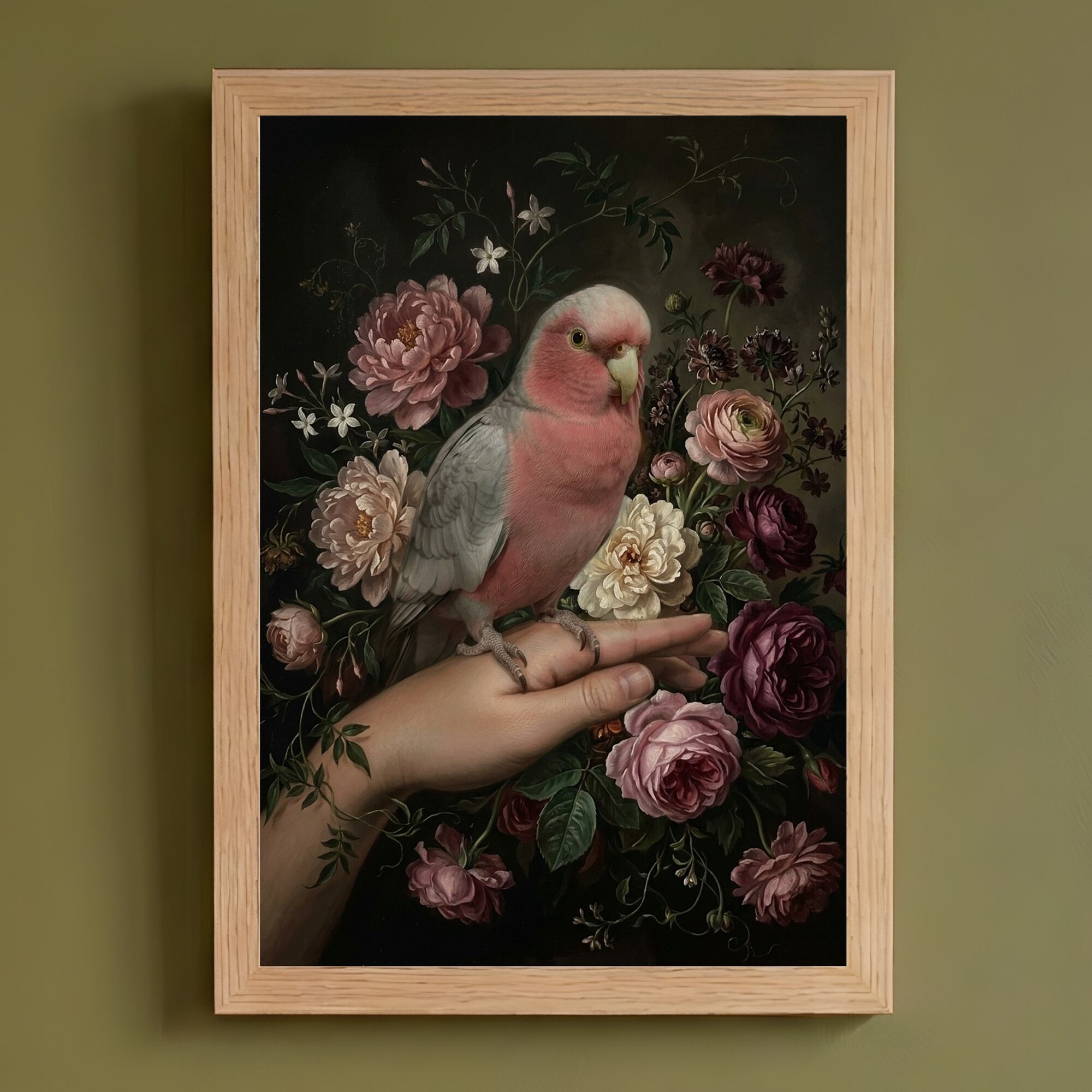インコ（モモイロインコ）の花に囲まれた油絵風アート A4額装
