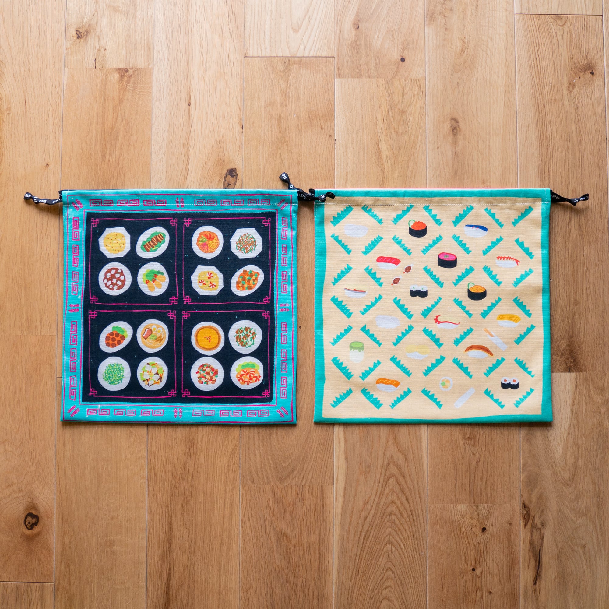 pupupu 2wayおいしい巾着バッグ純喫茶柄と中華柄のリバーシブル ぷぷぷ巾着 いろんなメニュー | pu・pu・pu