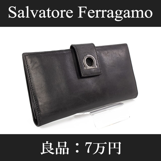 【限界価格・送料無料・良品】Ferragamo・フェラガモ・長財布・二つ折り財布(ガンチーニ・人気・女性・メンズ・男性・黒・ブラック・C079)