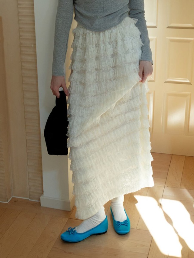 2colors ：：Lace Tiered Midi Skirt