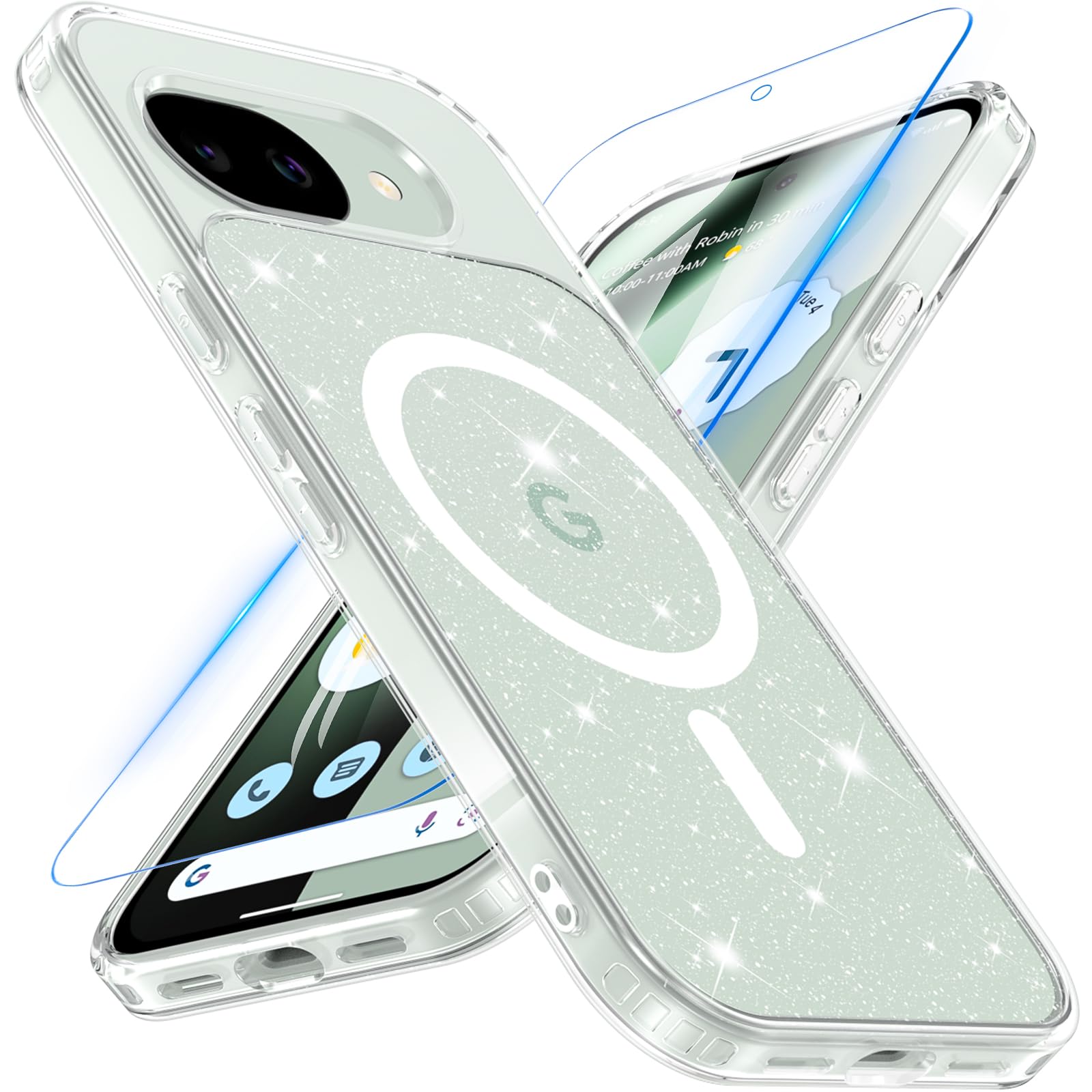OWKEY Google Pixel 10a ケース フィルム付き MagSafe対応 きらきら かわいい 耐衝撃 6.3インチ クリア+キラキラ