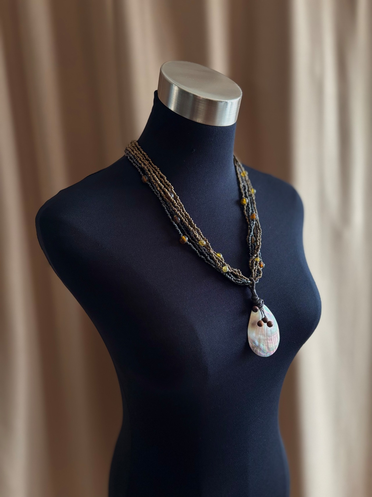 multi strand beaded shell pendant necklace-5145-8