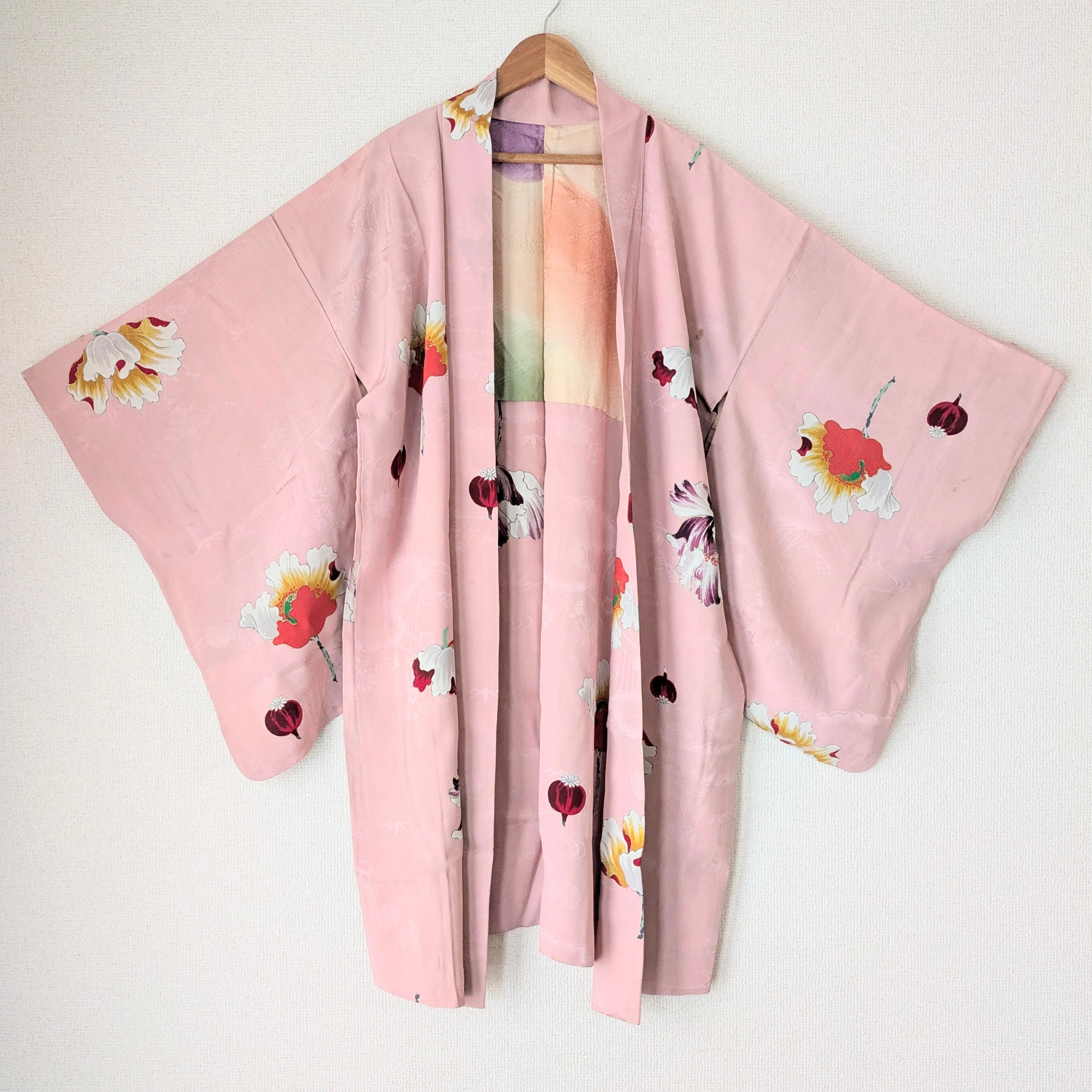 Vintage】HAORI 羽織 正絹 青みピンク ケシ 芥子柄 大正浪漫 古布 時代